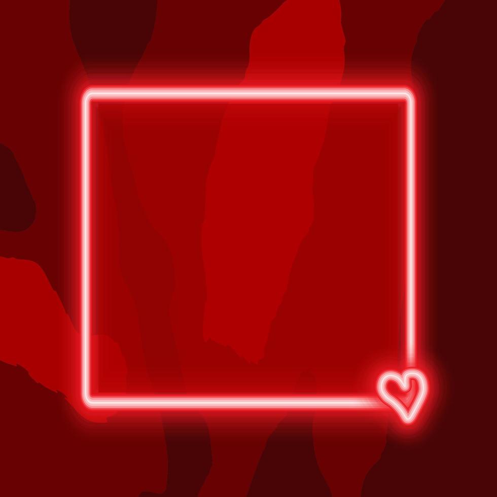 Red neon square frame with shining effects on dark background. Empty frame with heart and neon effects. Vector illustration.