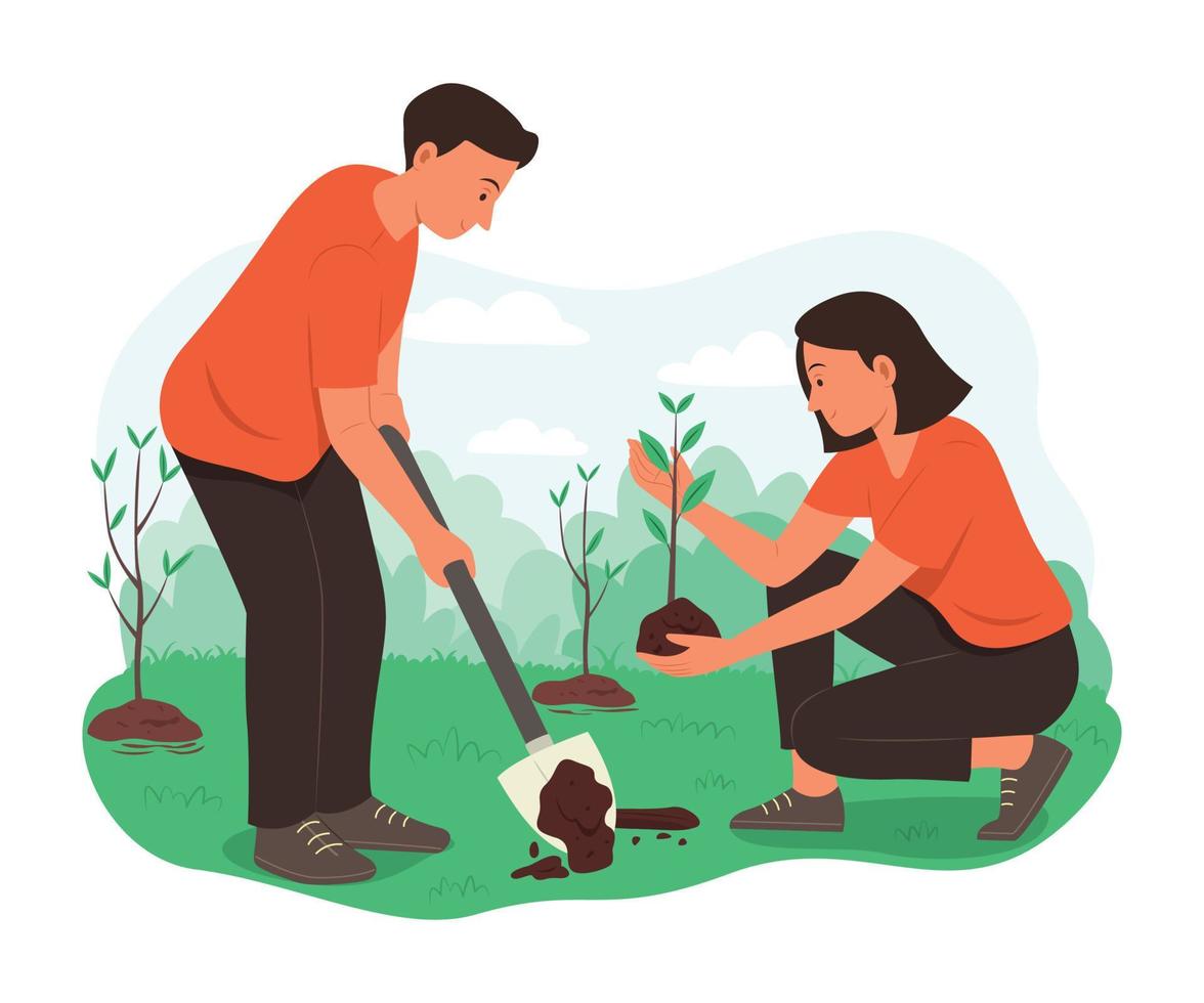 voluntarios plantando el árbol. vector