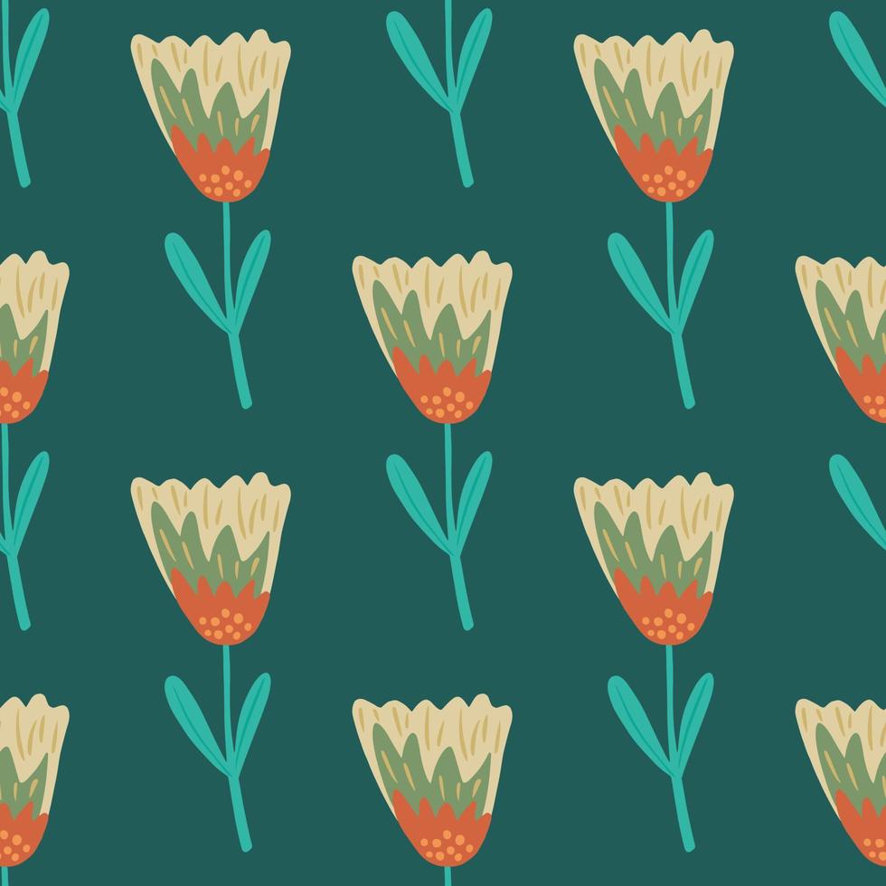 Seamless nature pattern with hand drawn flower simple silhouettes. Turquoise background. vector