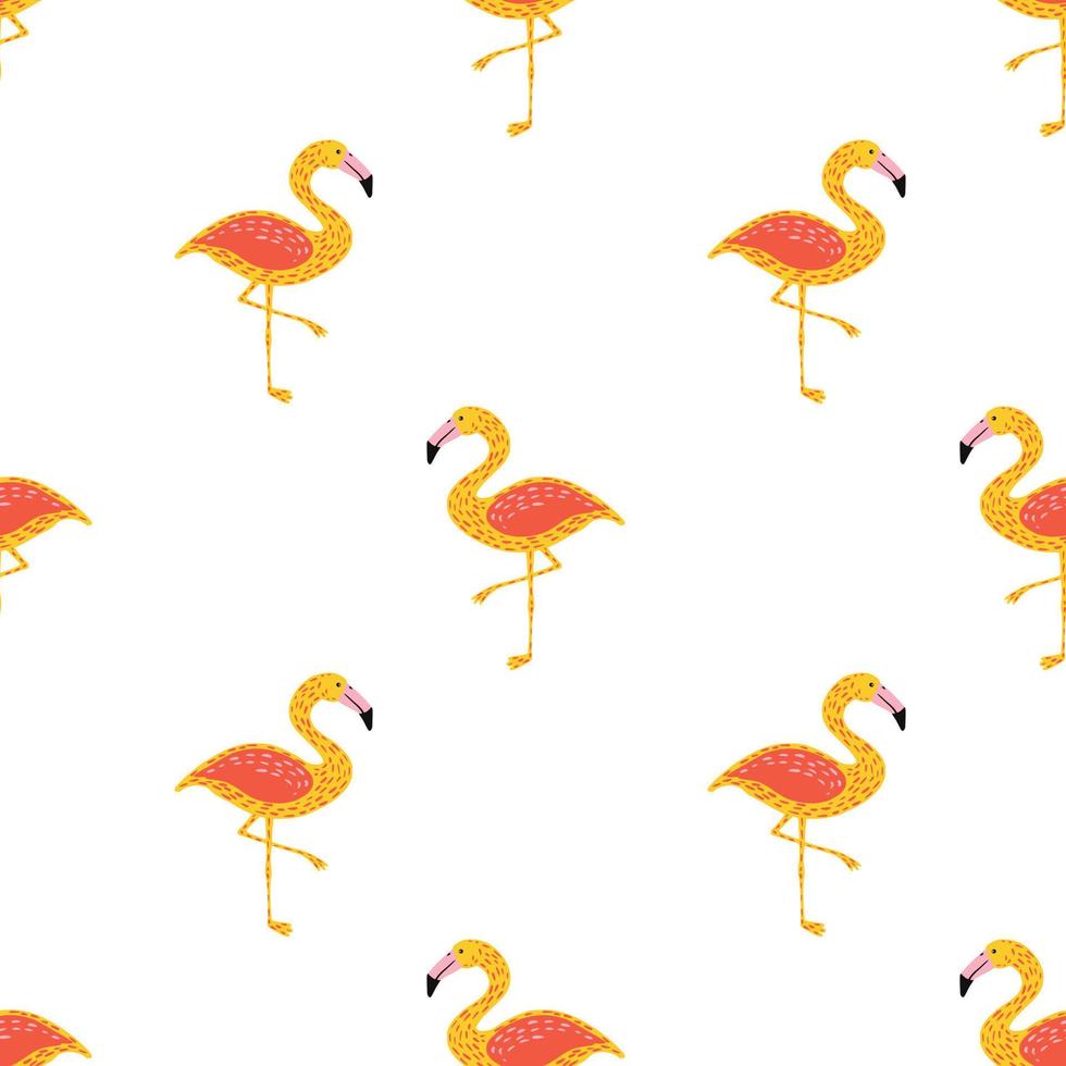 Isolated cartoon exotic seamless pattern with hand drawn yellow and red colored flamingo ornament. vector