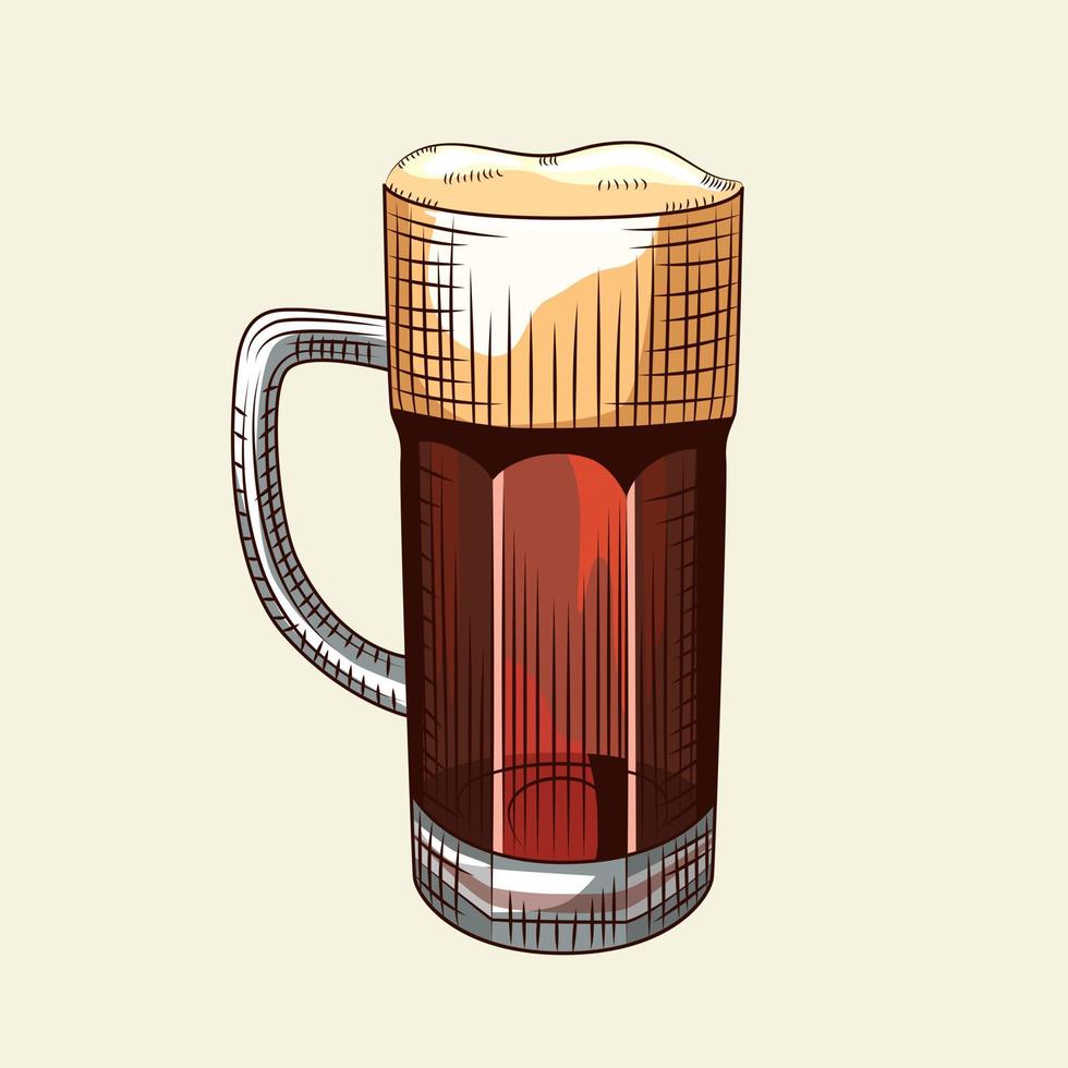 Full beer mug with foam isolated on light background. Hand drawn style glass of dark beer. vector