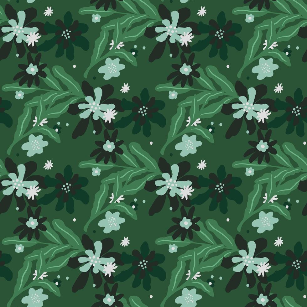 Botanic seamless pattern with creative foliage ornament and simple flower silhouettes. Green background. vector