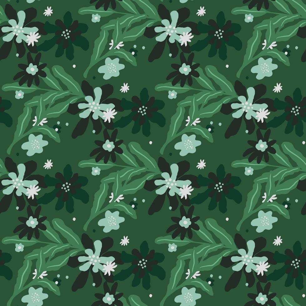 Botanic seamless pattern with creative foliage ornament and simple flower silhouettes. Green background. vector