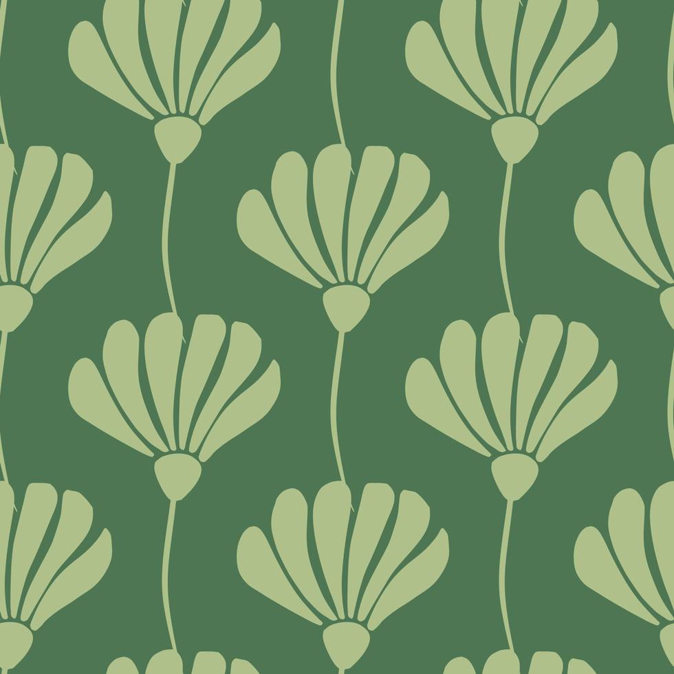Simple style seamless doodle pattern with light tones flowers silhouettes. Green background. vector