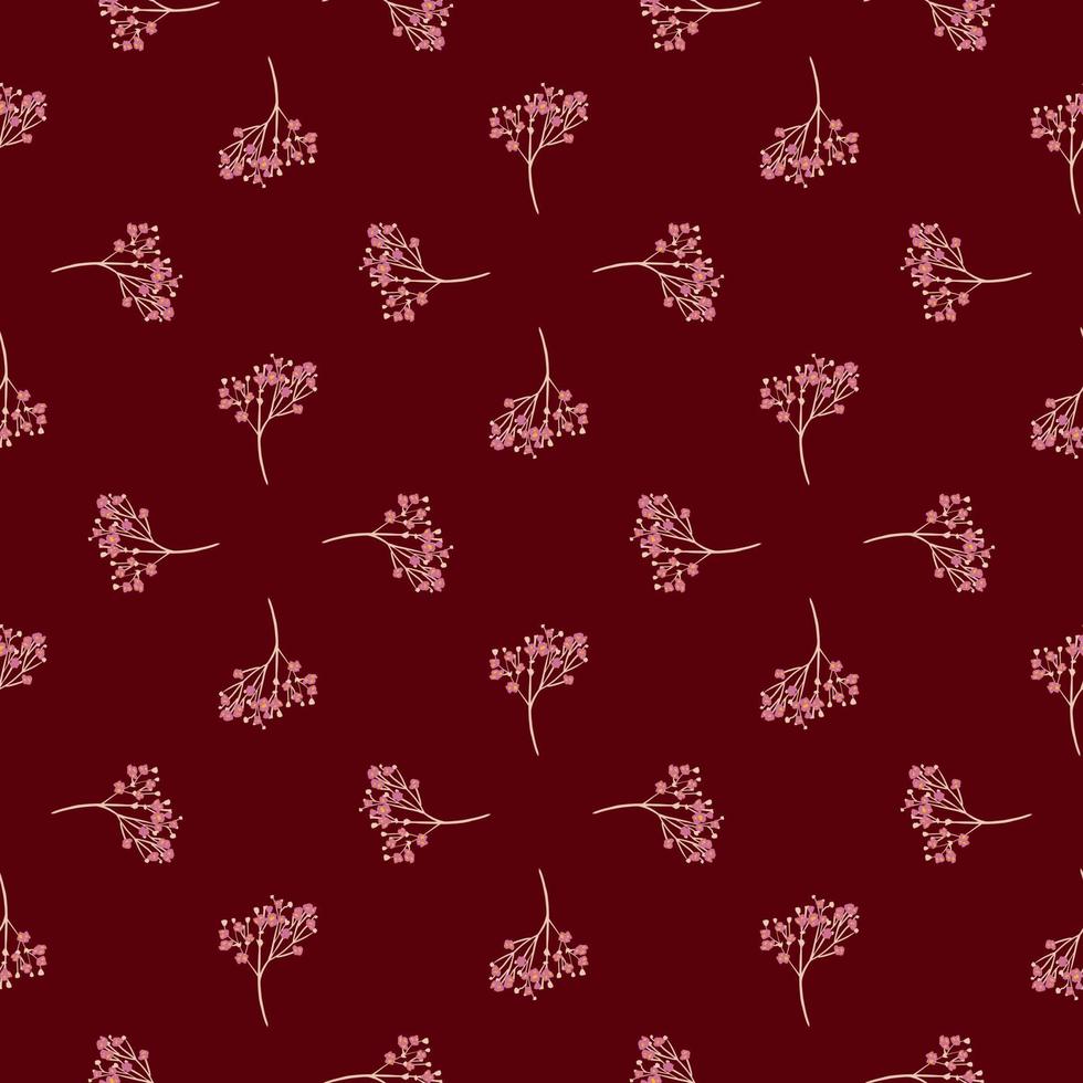 Geometric style botanic seamless pattern with pink colored gypsophila ornament. Maroon dark background. vector