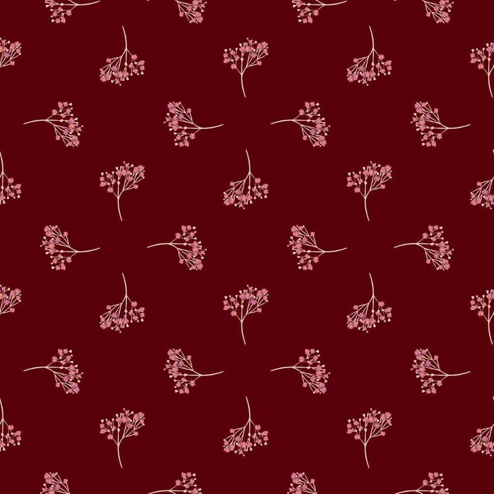 Geometric style botanic seamless pattern with pink colored gypsophila ornament. Maroon dark background. vector