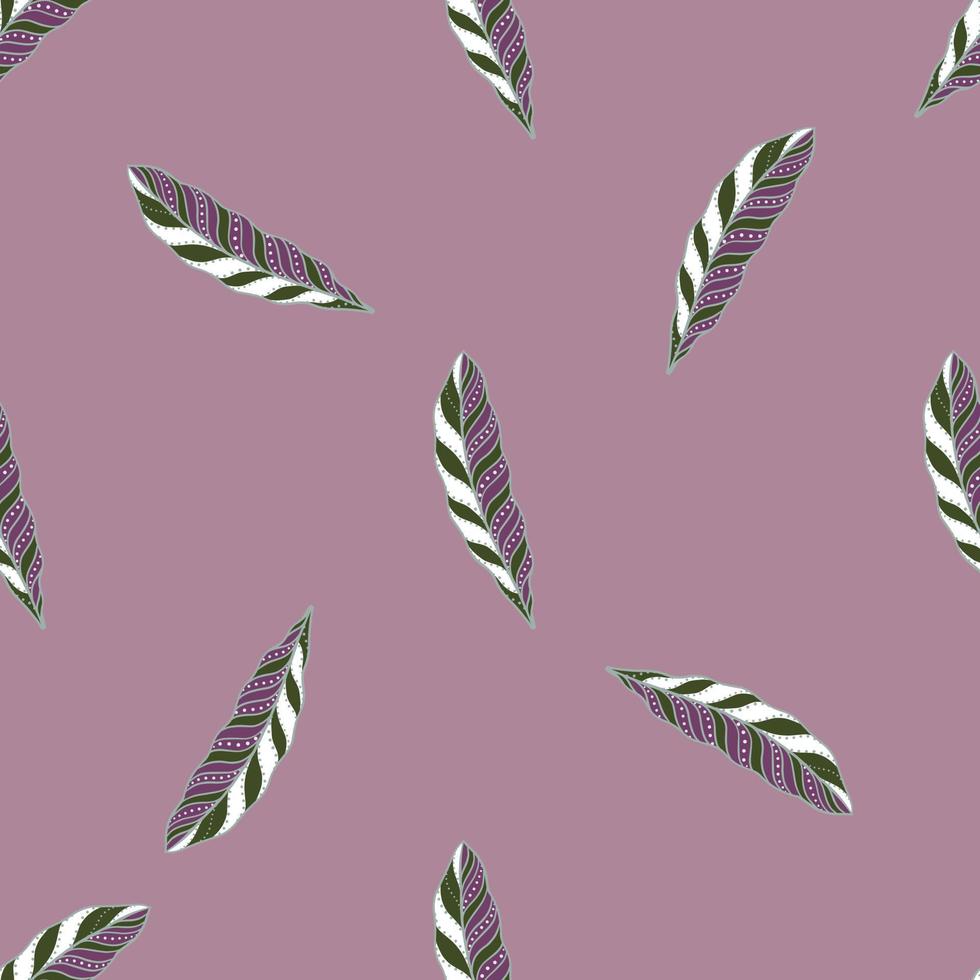 Seamless pattern in minimalistic style with doodle feather silhouettes. Pastel purple background. Simple print. vector