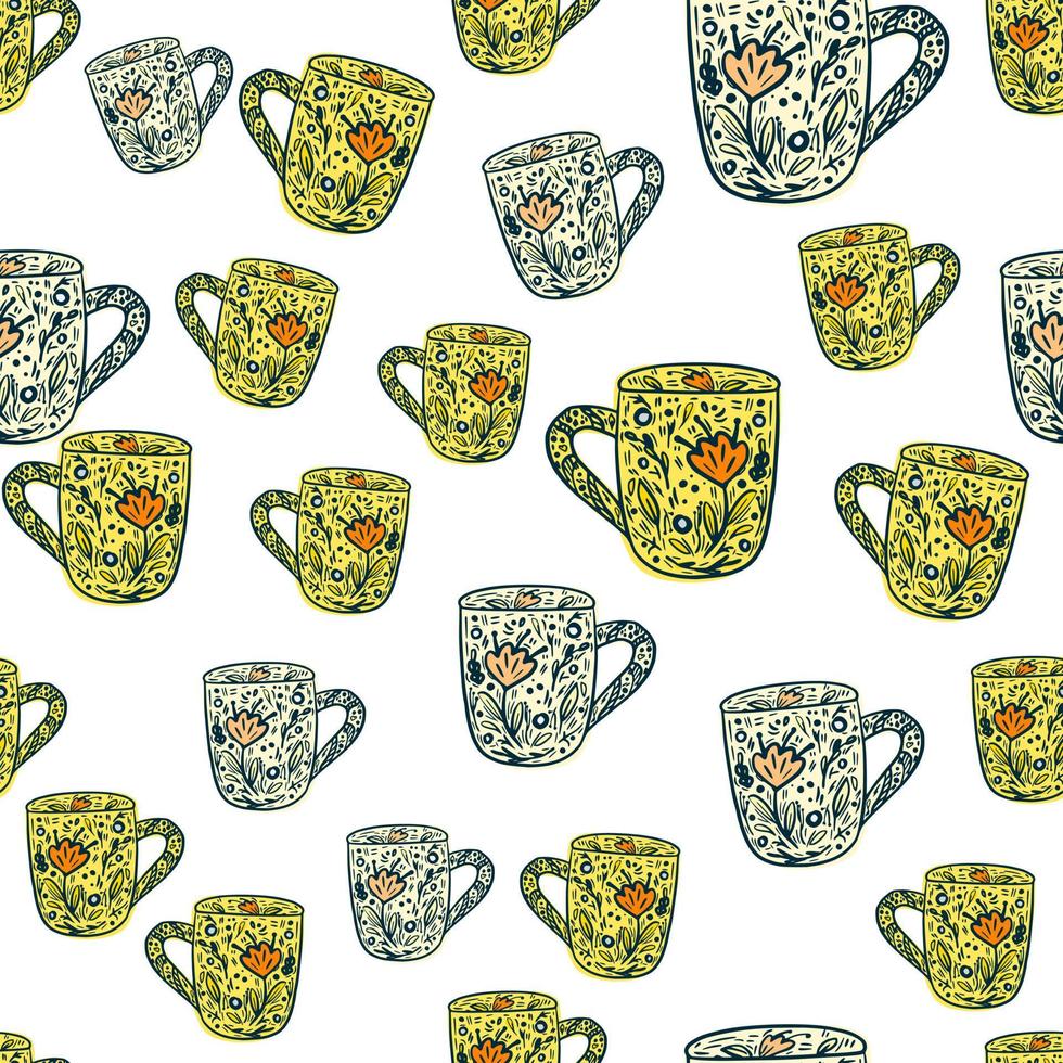 Cute mugs seamless pattern. Background of teatime. vector