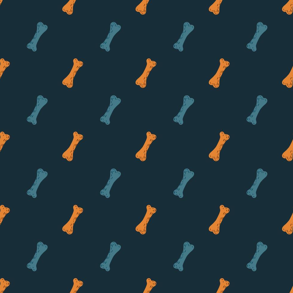 Blue and orange dog bones shapes seamless pattern. Dark navy blue background. Simple design. vector