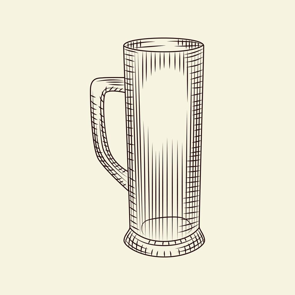 Jarra de cerveza vacía en estilo dibujado a mano aislado sobre fondo claro. vector