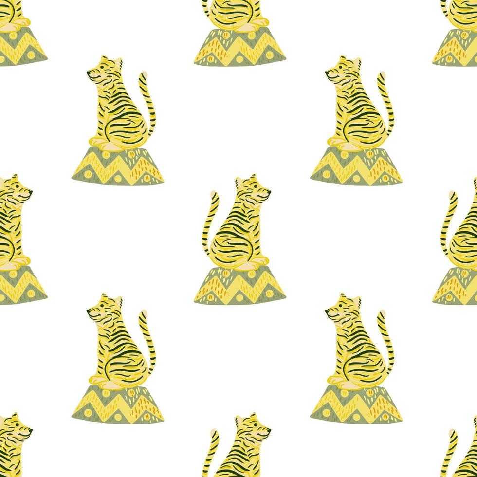 Isolated seamless pattern with yellow cartoon tiger silhouettes. White background. Circus print. vector