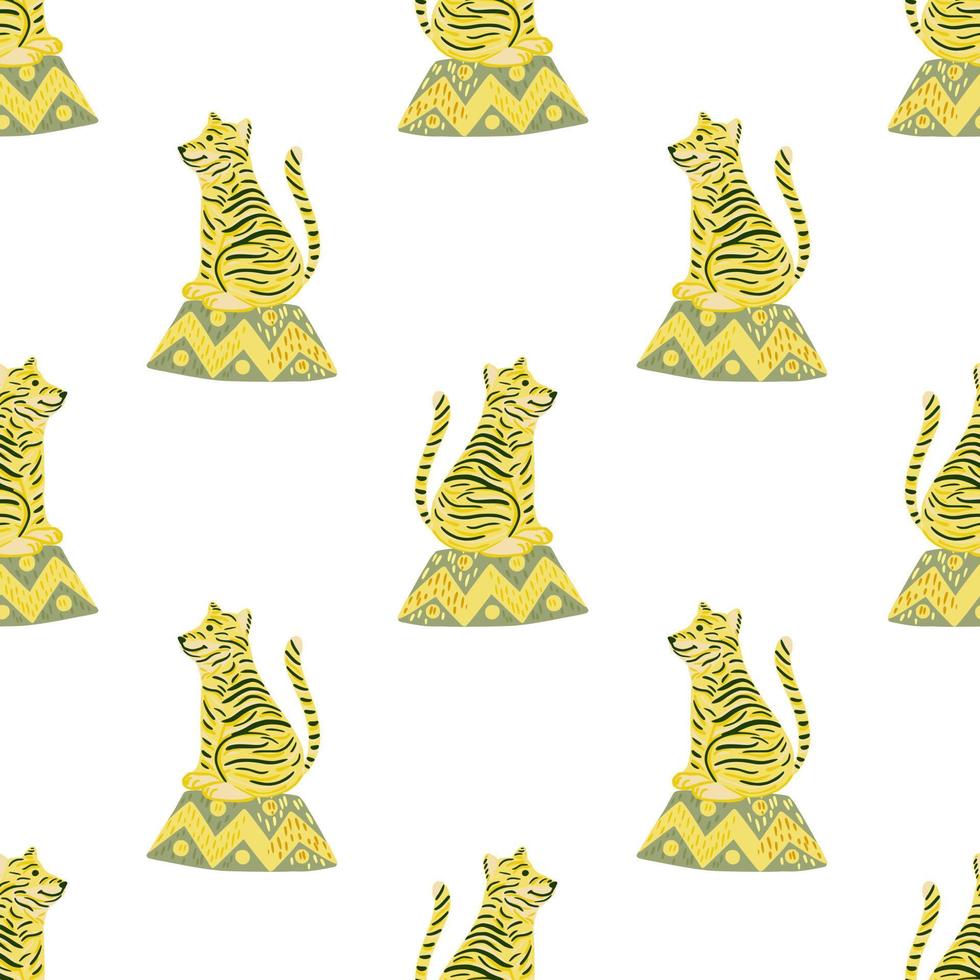 Isolated seamless pattern with yellow cartoon tiger silhouettes. White background. Circus print. vector