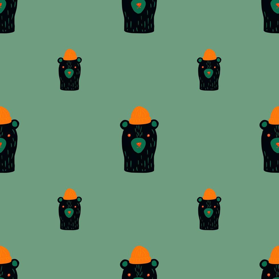 Simple seamless pattern with dark grey bear characters in hats print. Pale turquoise background. vector