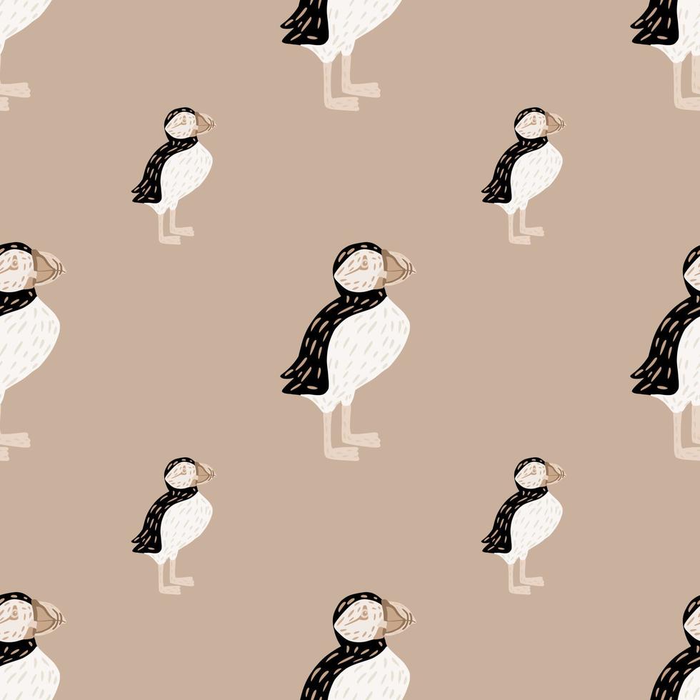 Pastel palette seamless wild nature pattern with puffin bird silhouettes. Beige pale background. Simple design. vector