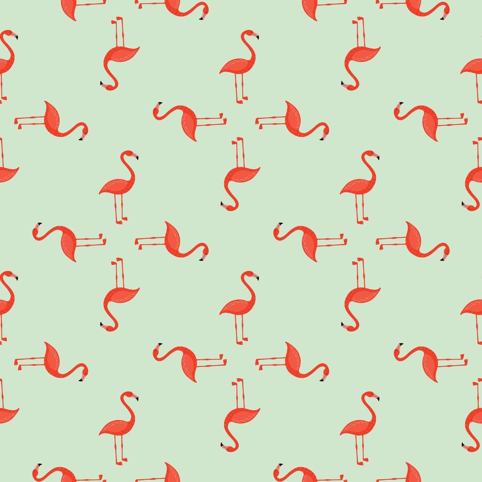 Geometric abstract zoo seamless pattern with bright orange flamingo ornament. Light blue background. vector