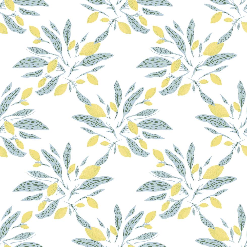 Isolated abstract seamless food pattern with blue leaves and yellow lemon print. White background. vector