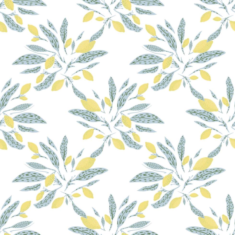 Isolated abstract seamless food pattern with blue leaves and yellow lemon print. White background. vector