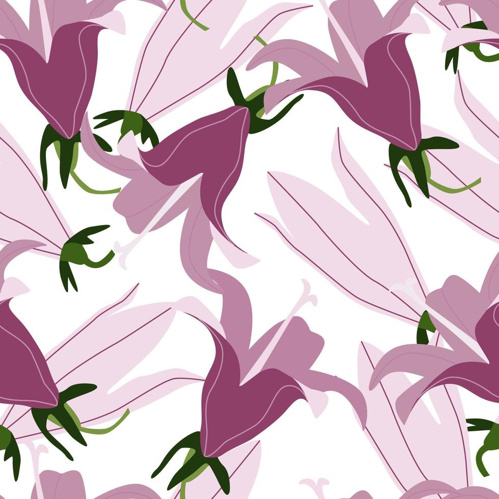 Seamless pattern bluebell on white background. Beautiful texture with bright pink flowers. vector