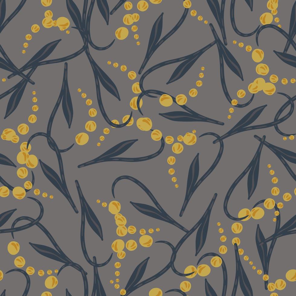 Random yellow abstract lily of the valley silhouettes seamless pattern. Grey background. vector