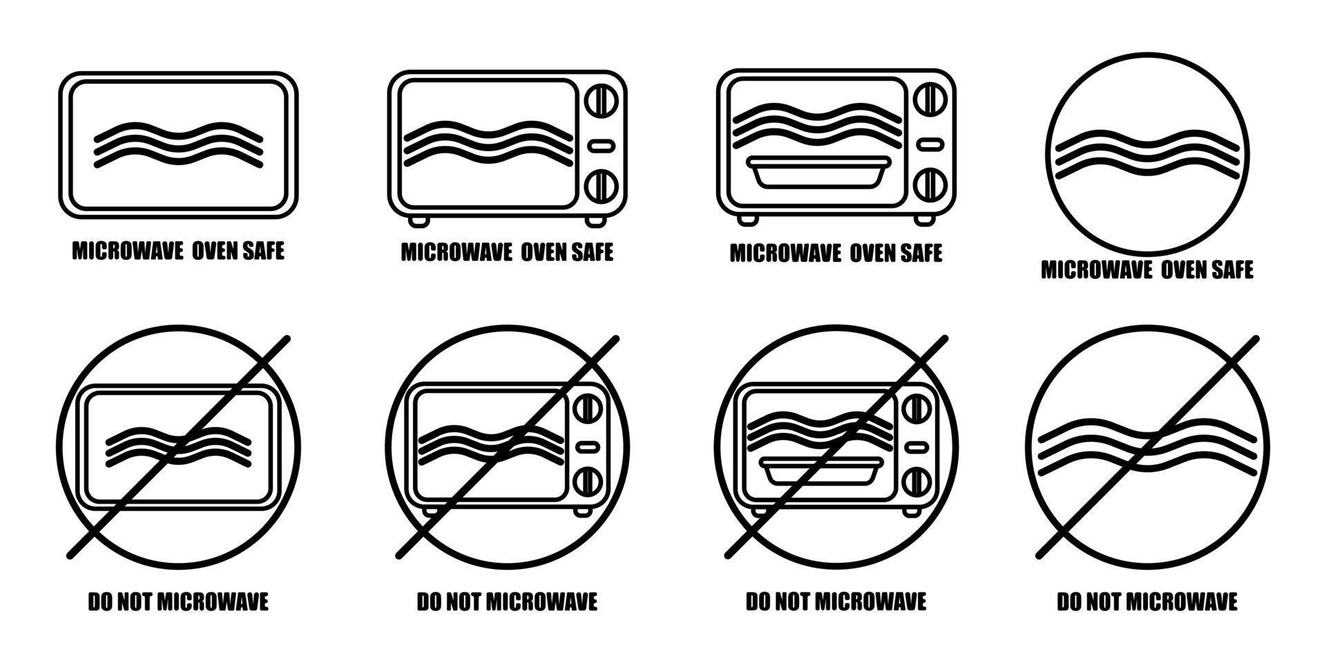 Microwave oven safe inscriptions isolated on white background. Icon warning for cookware in ink style. vector