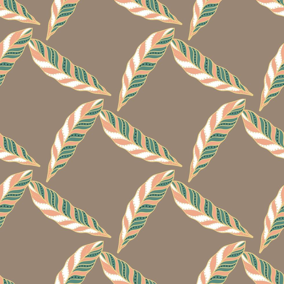 Geometric style seamless pattern with feather shapes print. Grey-beige background. Green and pink ornament. vector