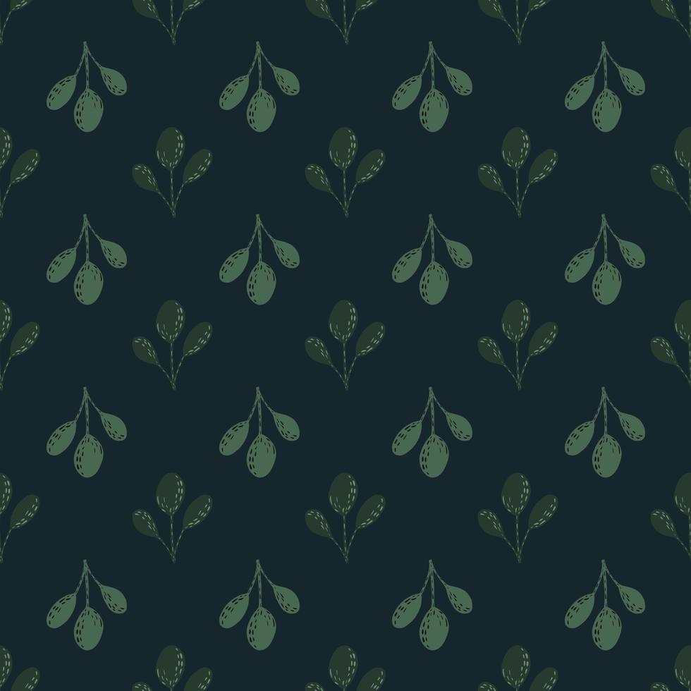Seamless dark botanic pattern with cute little green branches silhouettes. Navy blue background. vector