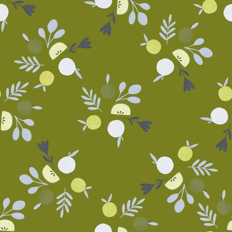 Random seamless cartoon pattern with doodle blue apples and foliage ornament. Green olive background. vector