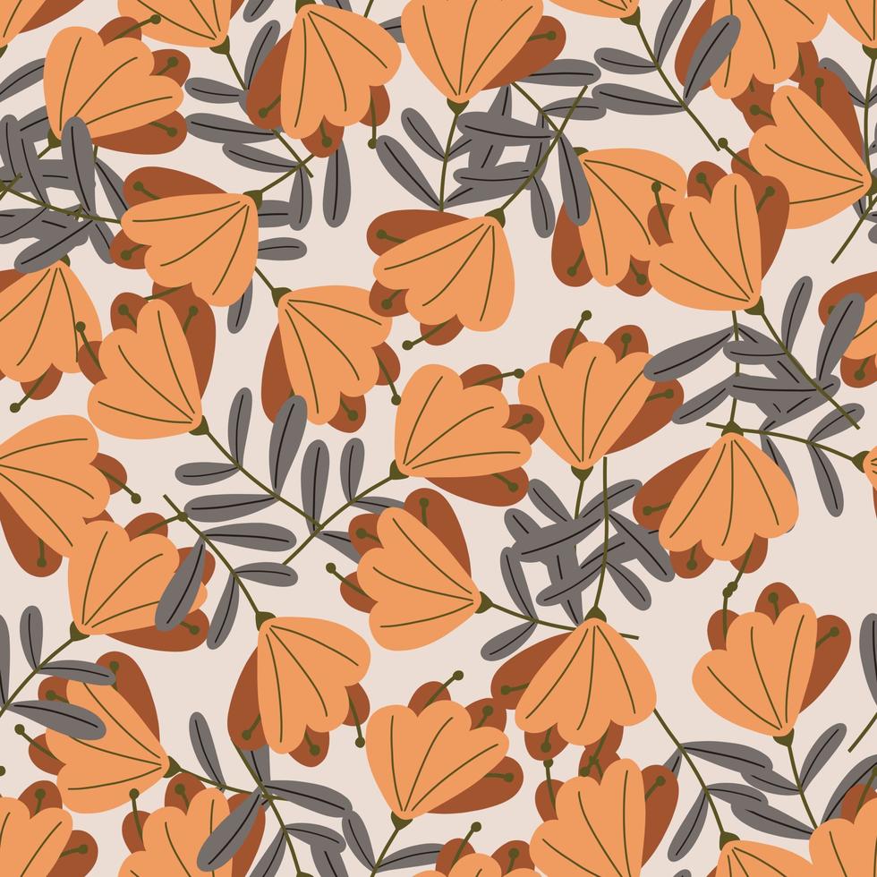 Autumn season seamless pattern with orange flower buds shapes. Grey background. Random nature backdrop. vector