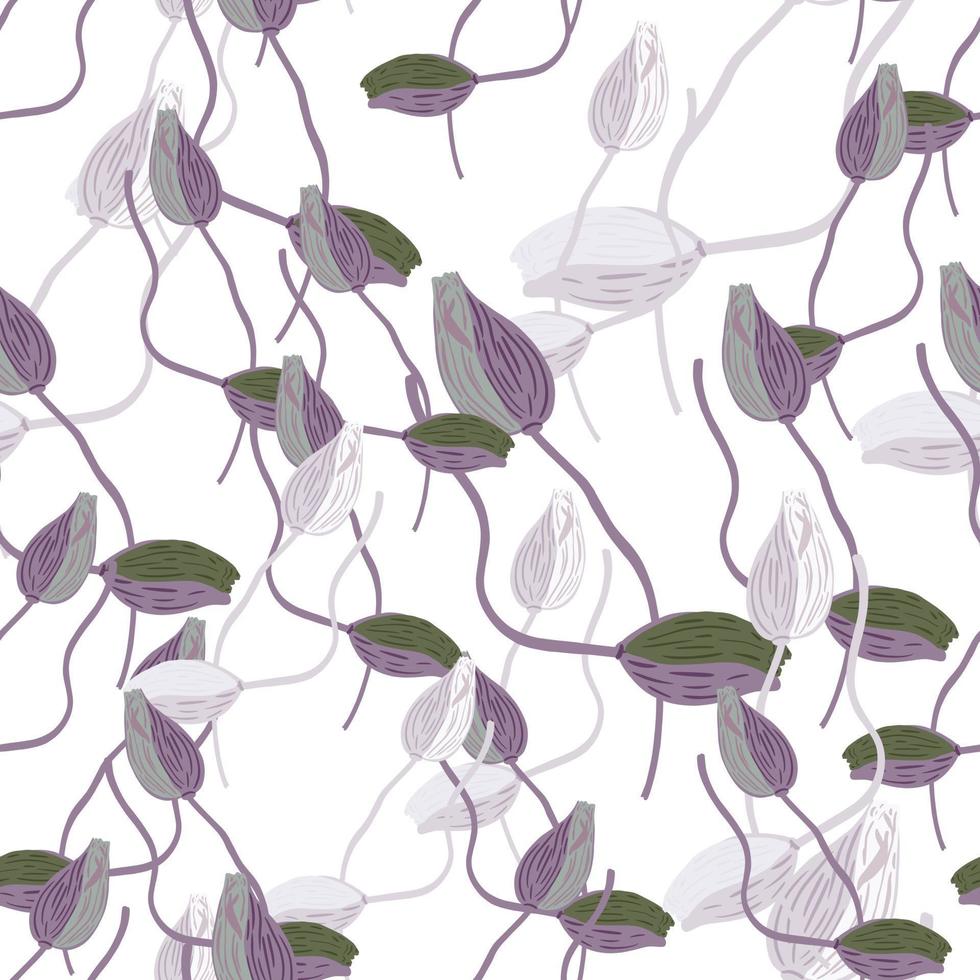 Isolated nature seamless pattern with hand drawn random purple poppy bud elements. Flowers print. Simple style. vector