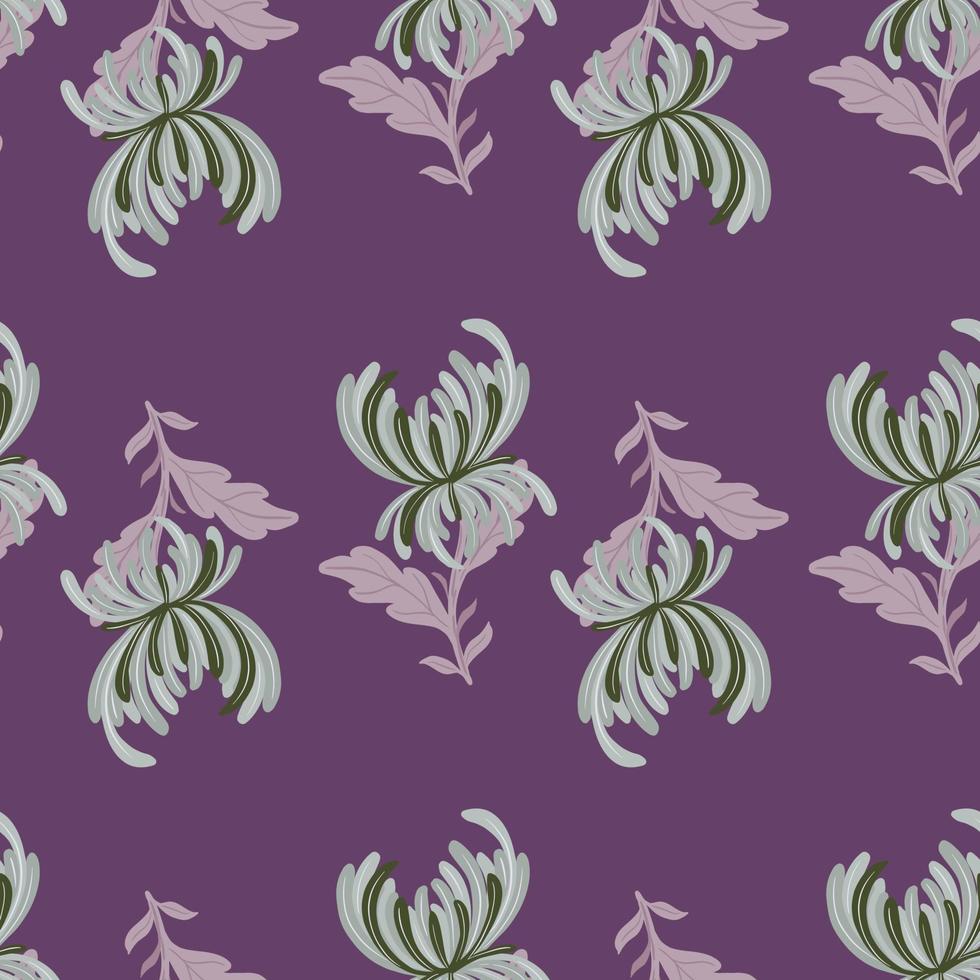 Natural garden seamless pattern with green chrysanthemum flowers print. Purple background. vector