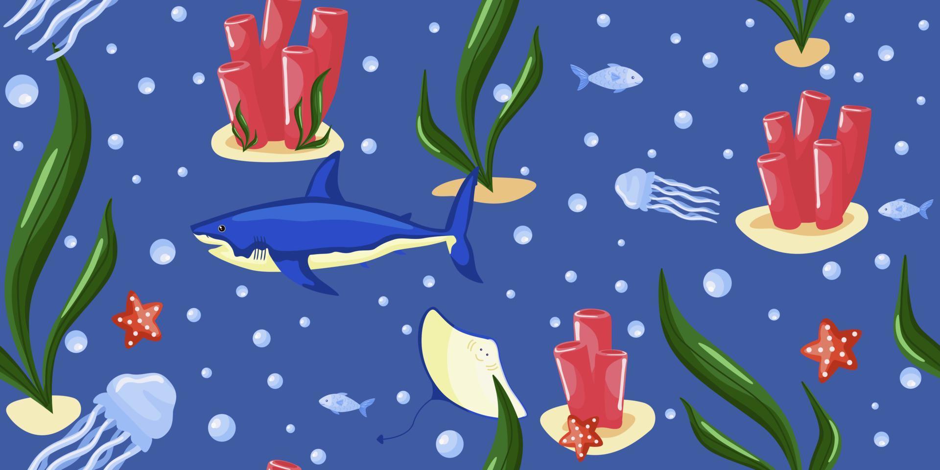 mundo submarino de patrones sin fisuras sobre fondo azul. diseñe pancartas marinas con lindos peces, estrellas de mar, medusas, tiburones, corales. vector