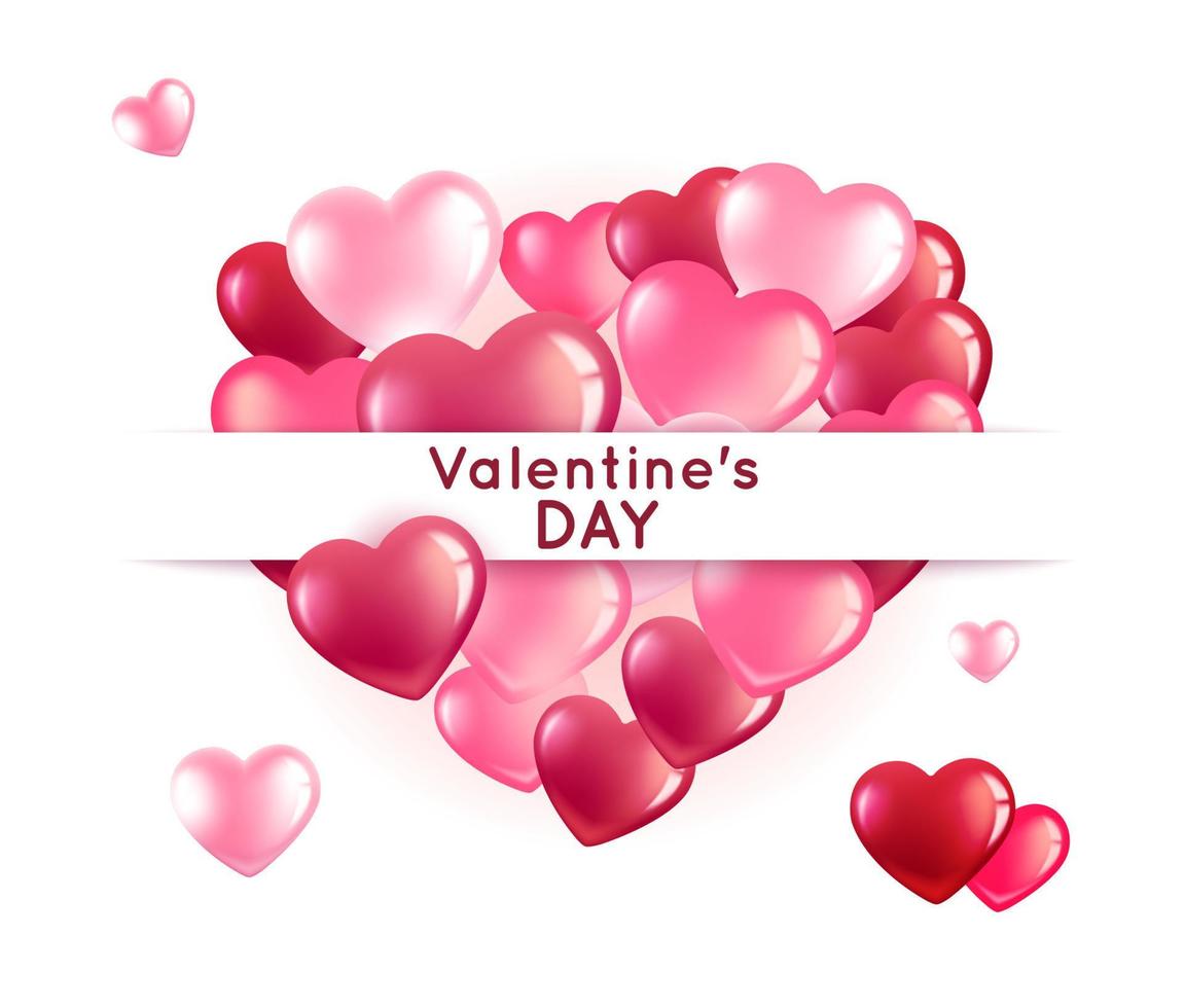 Bundle of heart shaped balloons made of pink and red. Valentine's Day greeting card banner. 3d realistic isolated on white background. Vector. vector