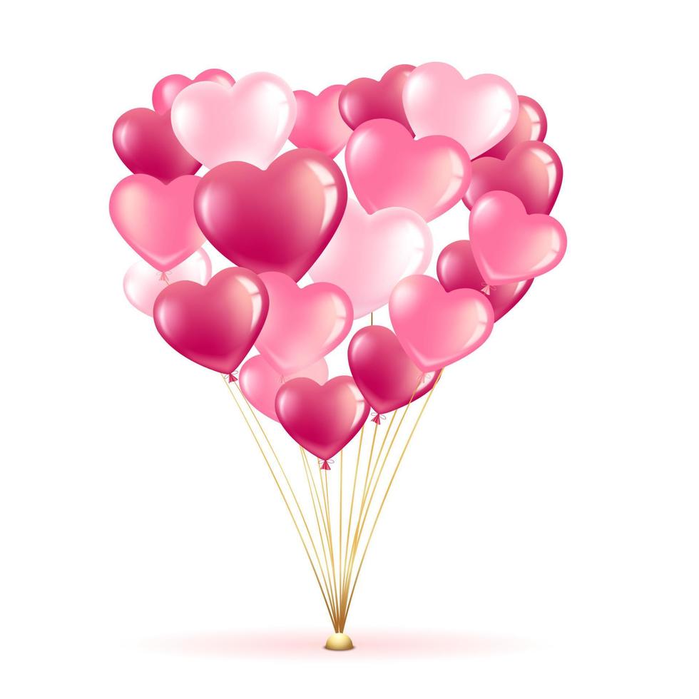 Bundle of pink balloons in the shape of a heart. Greeting card banner for Valentine's Day and International Women's Day. 3D vector illustration. Isolated on white background. Vector.
