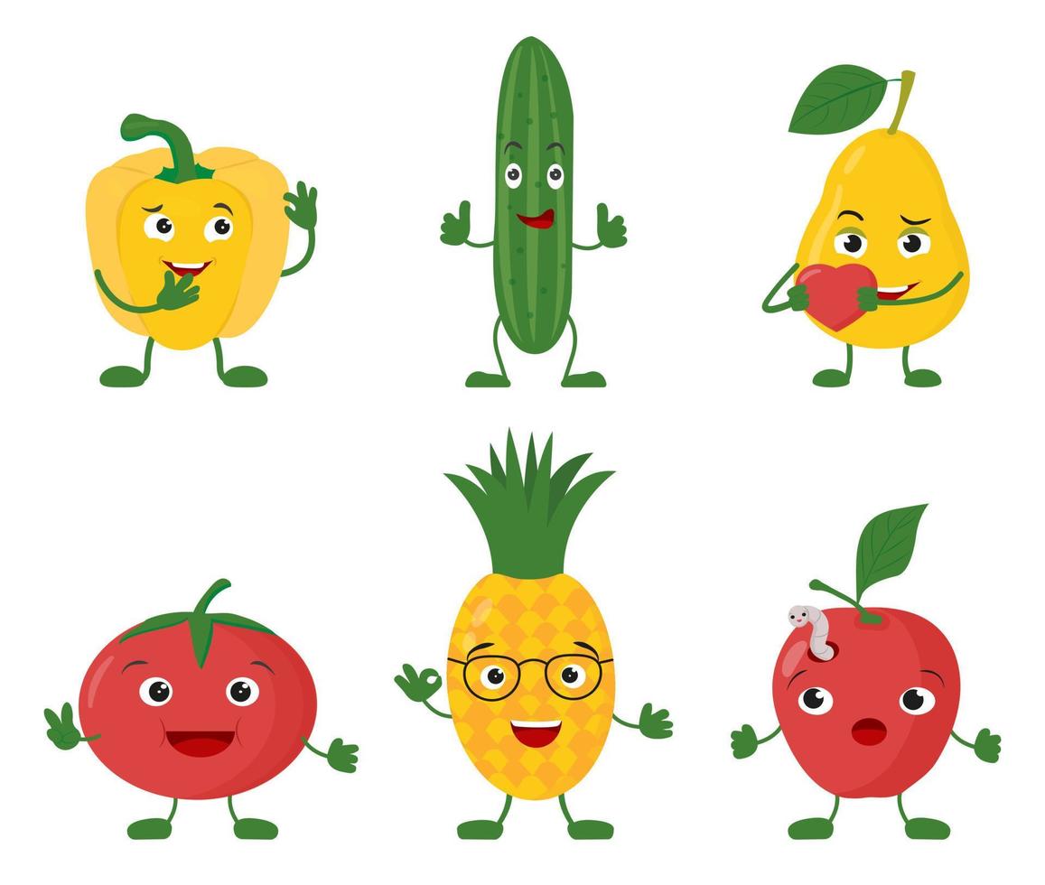 funni conjunto de caracteres de frutas y verduras. ilustración vectorial. vector