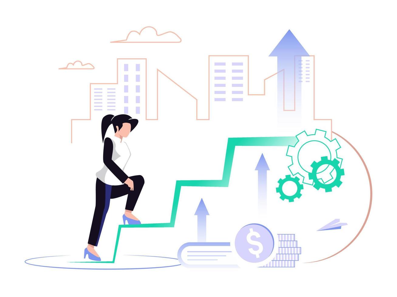 Concept illustration of business growth. Woman climbing the stairs to the top of the chart. Vector illustration.