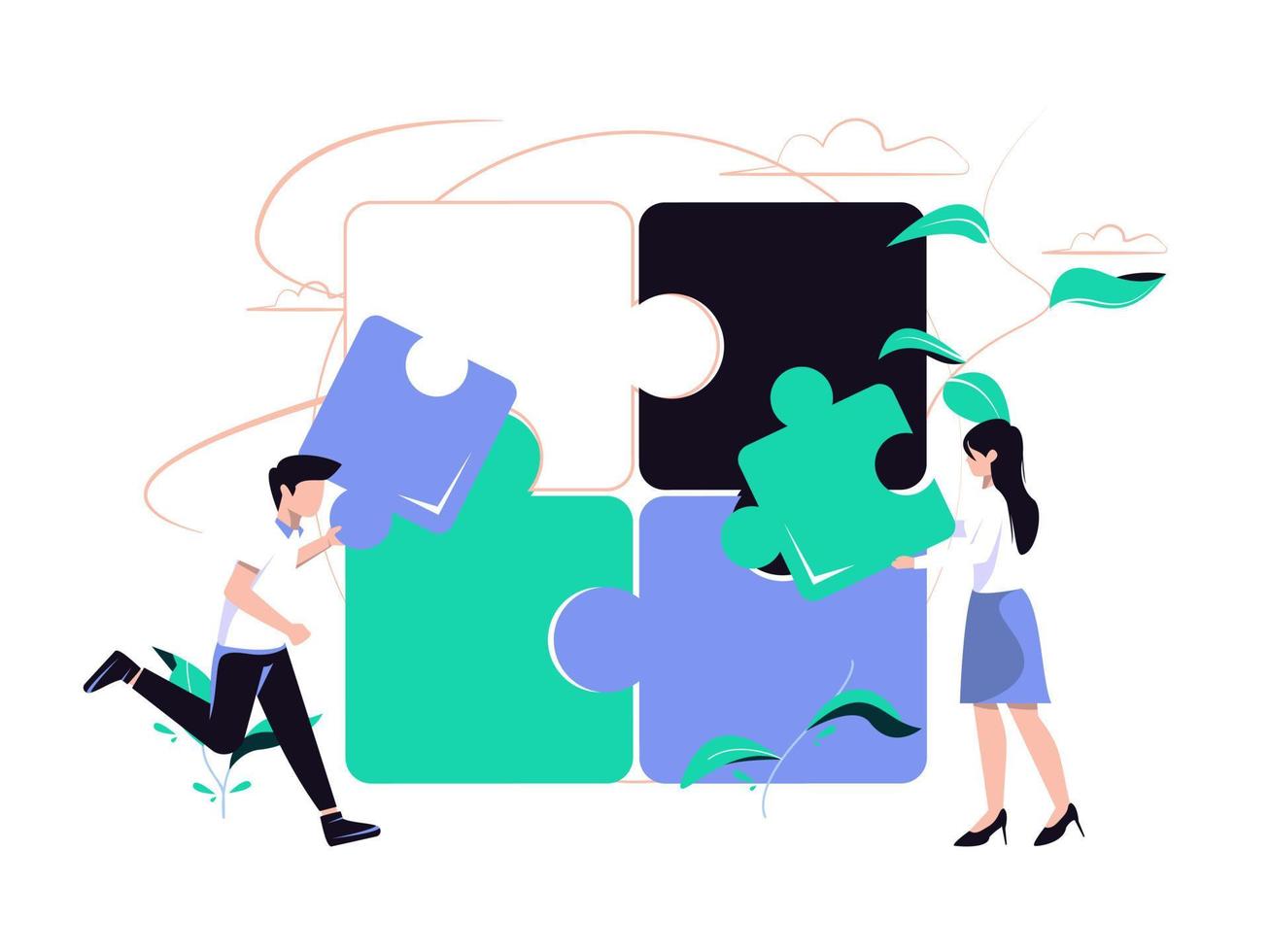 Concept metaphor. People try to connect the puzzle elements. Flat design style vector illustration. cooperation, partnership vector.