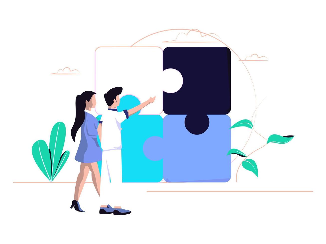 Concept metaphor. Co-workers provide instructions for connecting puzzle elements. Flat design style vector illustration. cooperation, partnership vector.