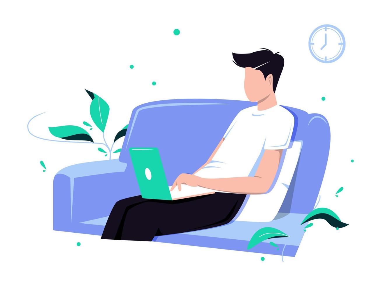 Working on a computer. Young man is sitting with laptop on the sofa at home. Freelance, online education or social media concept. vector