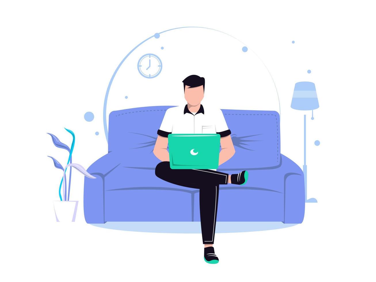 Young man is sitting with laptop on the sofa at home. Working on a computer. Freelance, online education or social media concept. vector