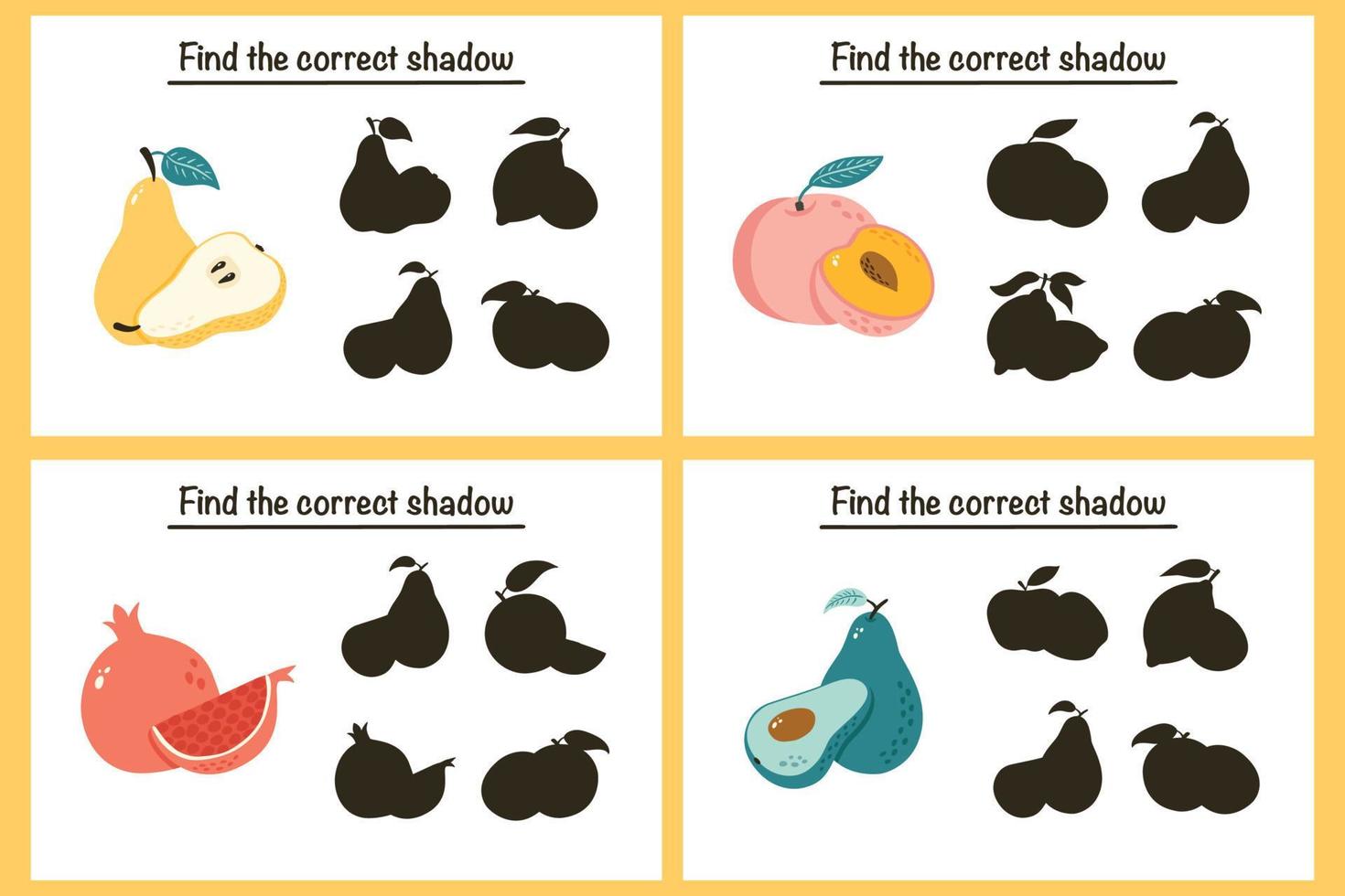 Find correct Fruit silhouette educational game for kids. Preschool puzzle. Shadow matching activity for children. Educational worksheet. Find correct shadow game with ripe fruits vector