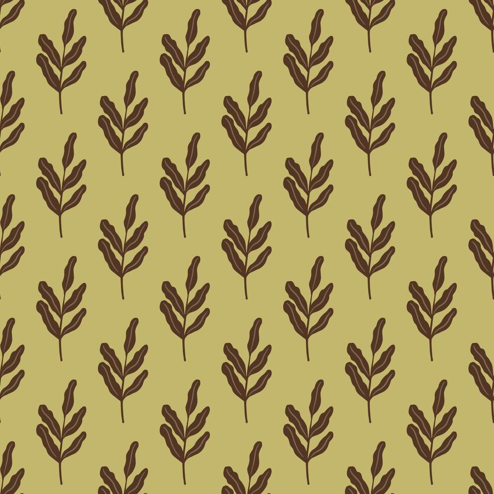 Brown leaves branches seamless doodle pattern in simple style. Light olive green background. vector