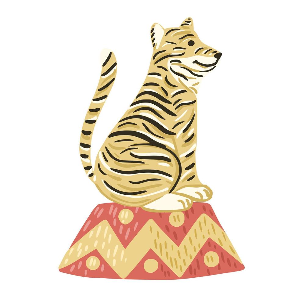 tigre se sienta en el trapecio de circo aislado sobre fondo blanco. lindo personaje de safari en rayas. vector