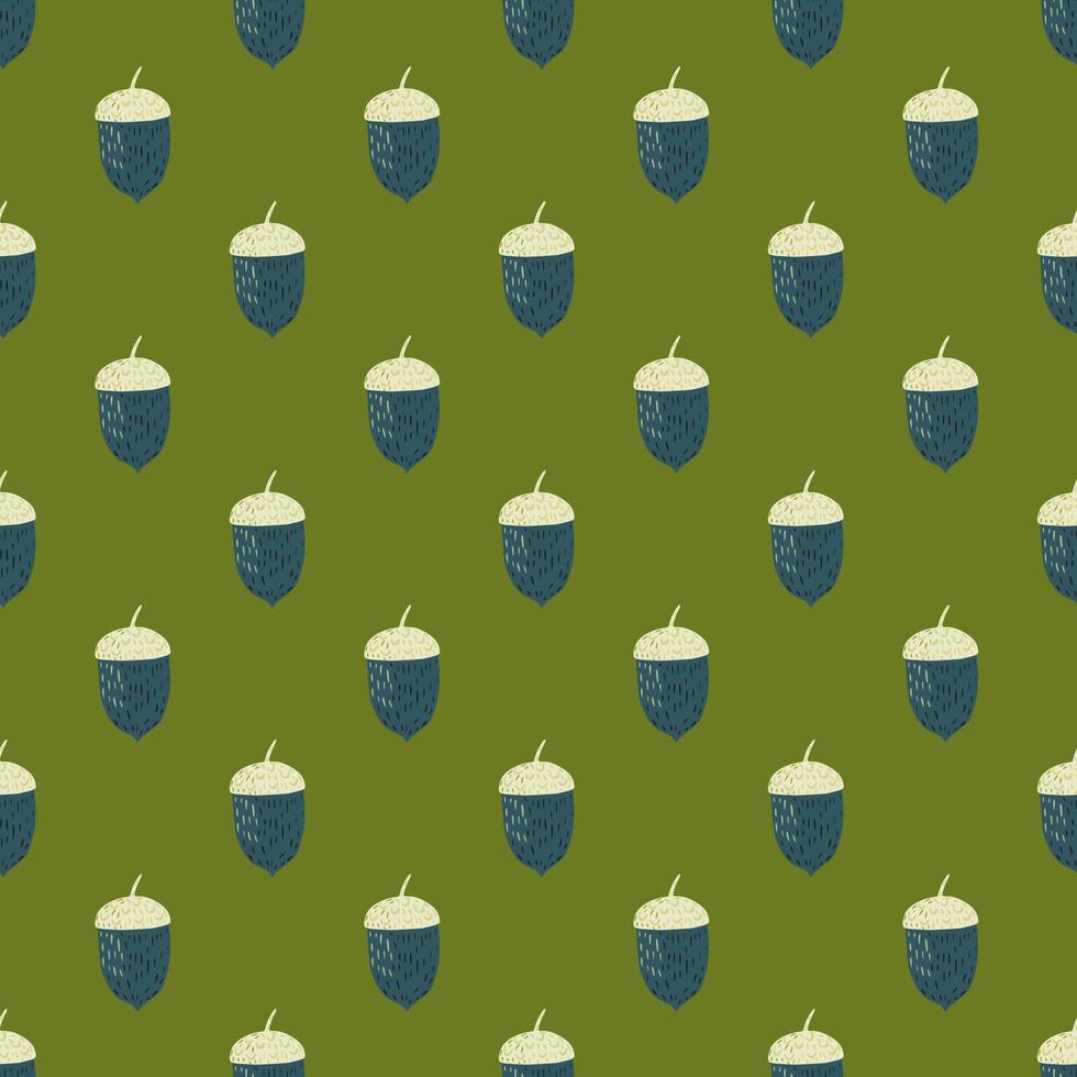 Navy blue and white colored acorn ornament seamless pattern. Green background. Autumn print. vector