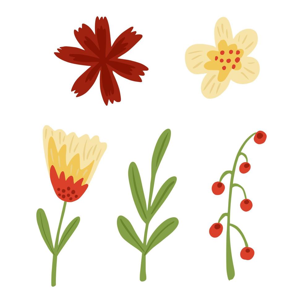 poner flores, follaje y bayas sobre fondo blanco. bosquejo botánico abstracto dibujado a mano en estilo garabato. vector