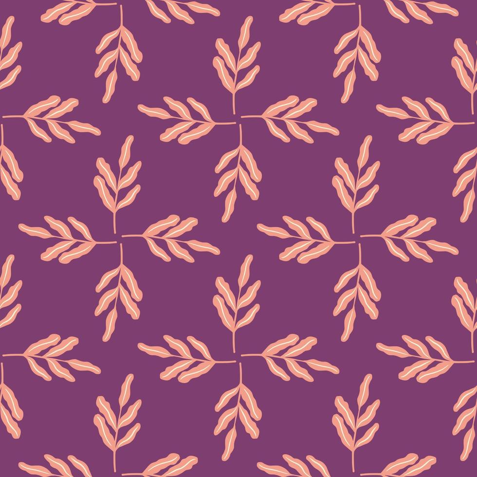 Spring seamless pattern with pink little leaf branches ornament. Purple bright background. vector