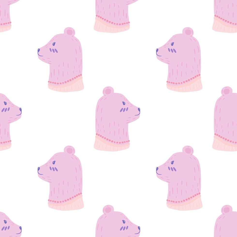 Isolated seamless pattern with lilac bear head ornament. White background. Animal zoo backdrop. vector