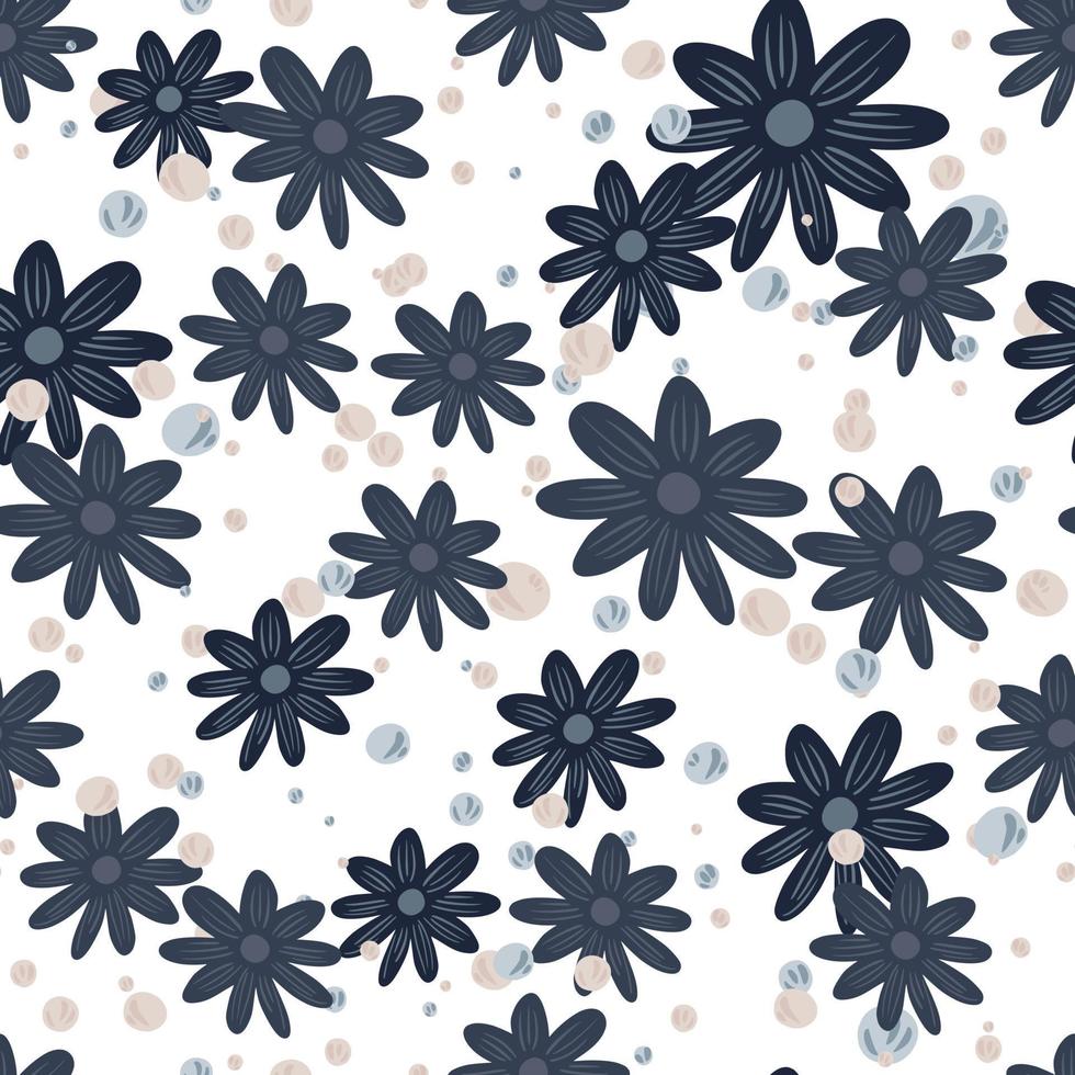 Random nature seamless pattern with navy blue flowers simple print. Isolated floral backdrop. Bubbles print. vector