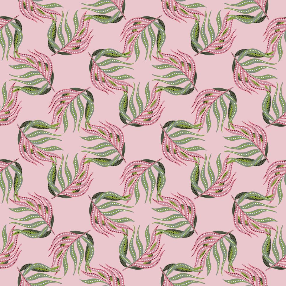 Geometric style botany tropic seamless pattern with palm leaf elements. Pink background. Doodle style. vector