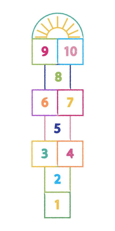 Hopscotch kid activity game isolated on white background. Design children games drawn colored crayons in which play outside. vector