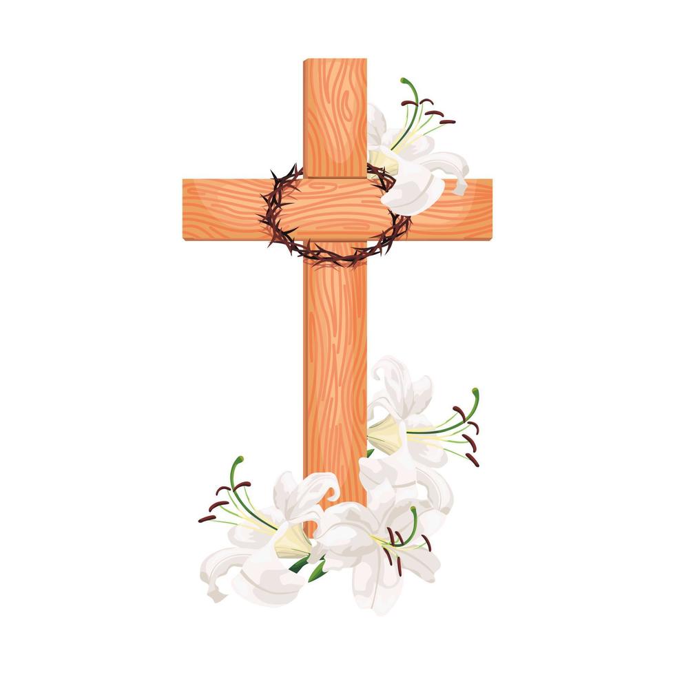Cross with lilies isolated on white background. Religious symbols wooden cross, white lily and crown of thorns. vector